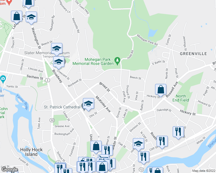 map of restaurants, bars, coffee shops, grocery stores, and more near 26 Warren Street in Norwich