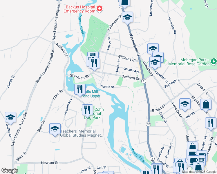 map of restaurants, bars, coffee shops, grocery stores, and more near 166 Yantic Street in Norwich