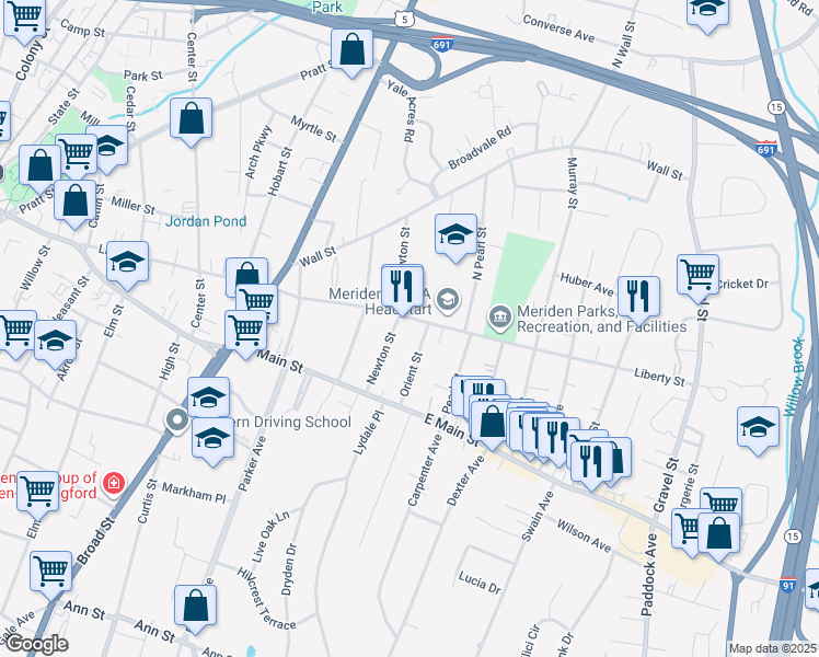 map of restaurants, bars, coffee shops, grocery stores, and more near 61 Orient Street in Meriden