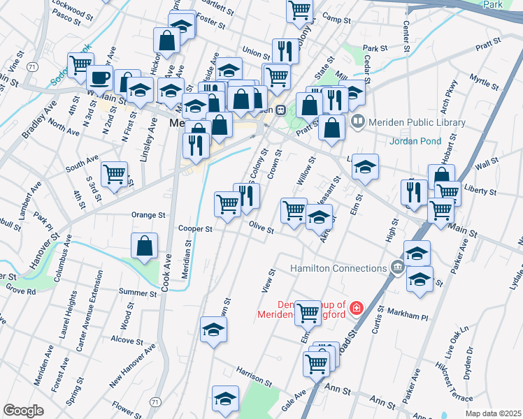 map of restaurants, bars, coffee shops, grocery stores, and more near 30 Olive Street in Meriden