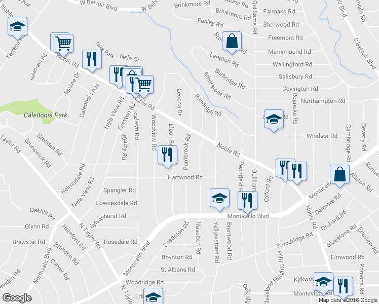 map of restaurants, bars, coffee shops, grocery stores, and more near 993 Pembrook Road in Cleveland Heights
