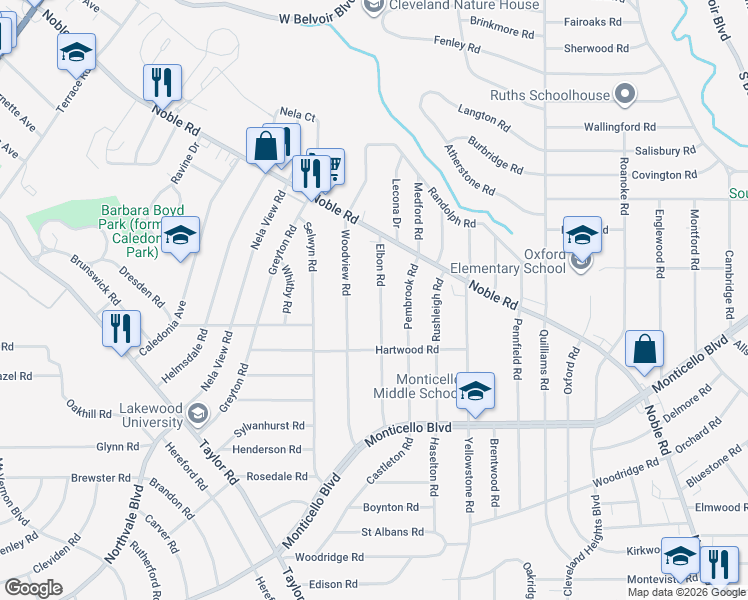 map of restaurants, bars, coffee shops, grocery stores, and more near 974 Elbon Road in Cleveland Heights