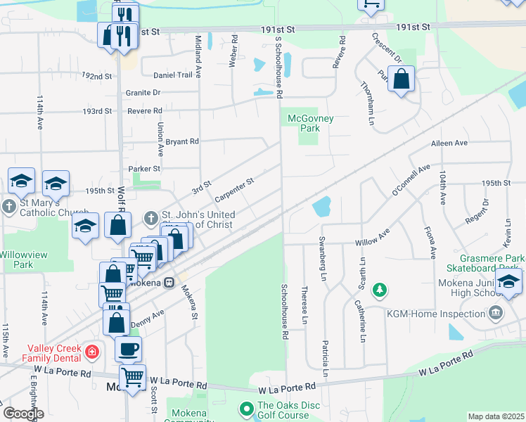 map of restaurants, bars, coffee shops, grocery stores, and more near 19600 South Schoolhouse Road in Mokena