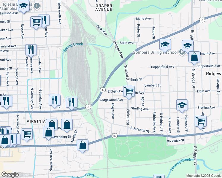 map of restaurants, bars, coffee shops, grocery stores, and more near 1012 Elgin Avenue in Joliet