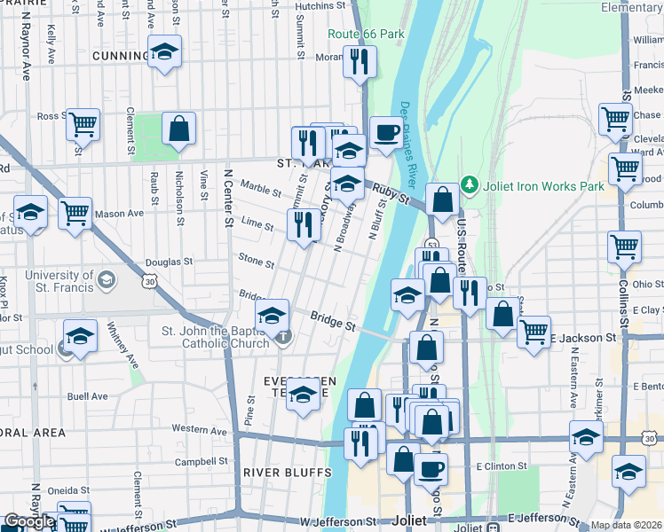 map of restaurants, bars, coffee shops, grocery stores, and more near 159 Stone Street in Joliet