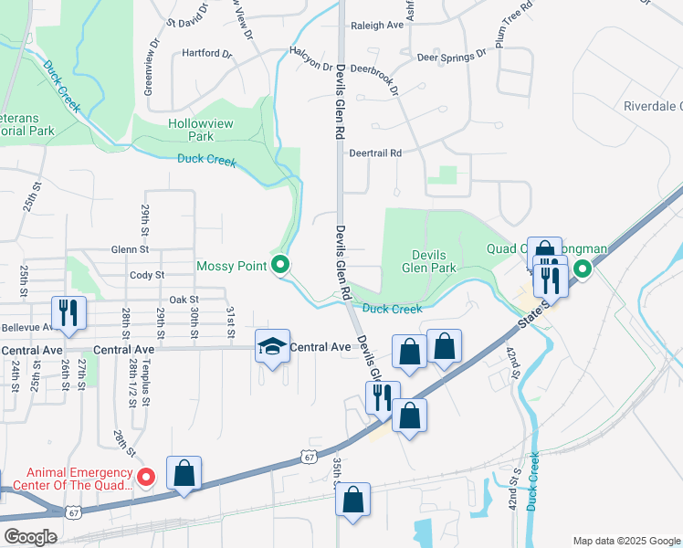 map of restaurants, bars, coffee shops, grocery stores, and more near Duck Creek Trail Parkway in Bettendorf