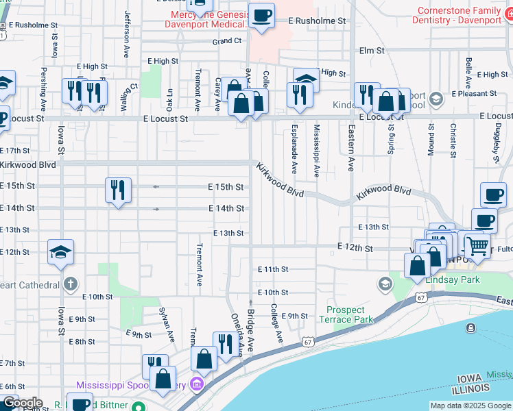 map of restaurants, bars, coffee shops, grocery stores, and more near 1322 Bridge Avenue in Davenport