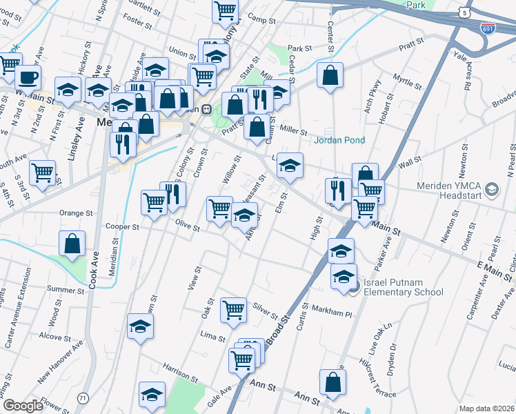 map of restaurants, bars, coffee shops, grocery stores, and more near 30 Akron Street in Meriden