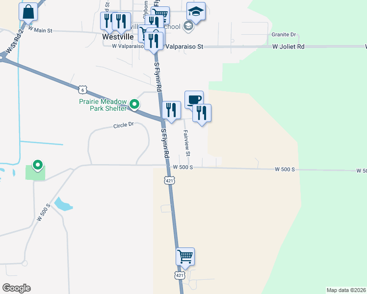 map of restaurants, bars, coffee shops, grocery stores, and more near 9979 West 500 South in Westville