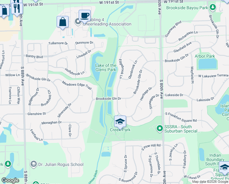 map of restaurants, bars, coffee shops, grocery stores, and more near 19631 Edgebrook Lane in Tinley Park
