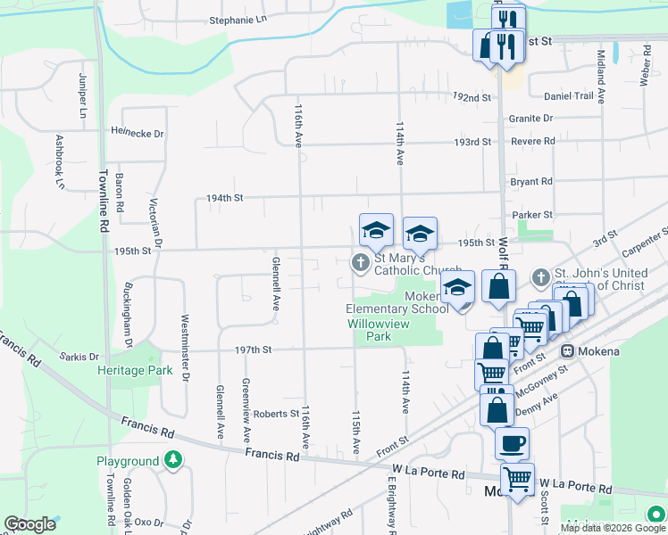 map of restaurants, bars, coffee shops, grocery stores, and more near 19548 115th Avenue in Mokena