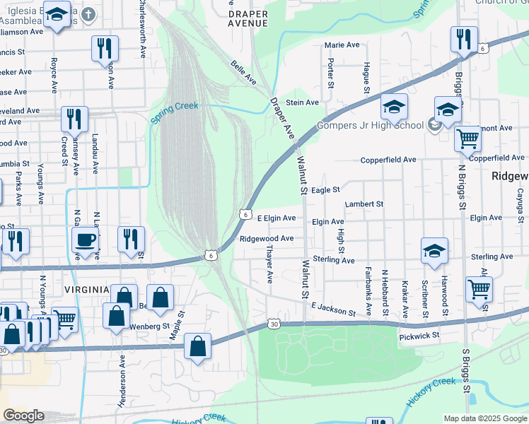 map of restaurants, bars, coffee shops, grocery stores, and more near 1012 Elgin Avenue in Joliet