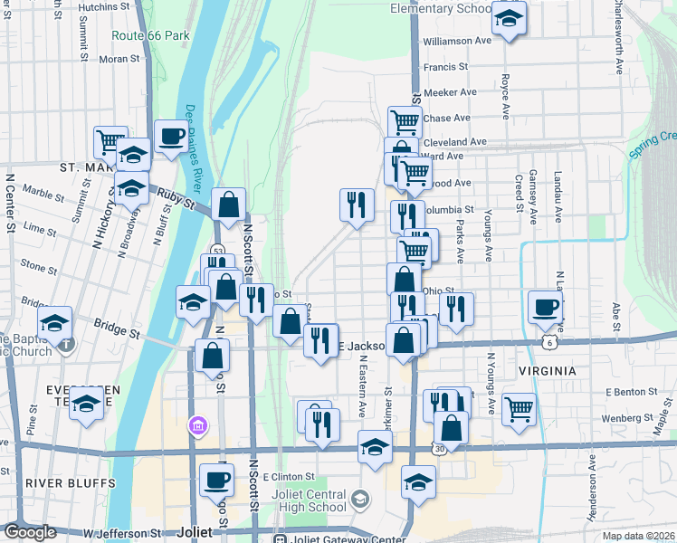 map of restaurants, bars, coffee shops, grocery stores, and more near 262 Ohio Street in Joliet