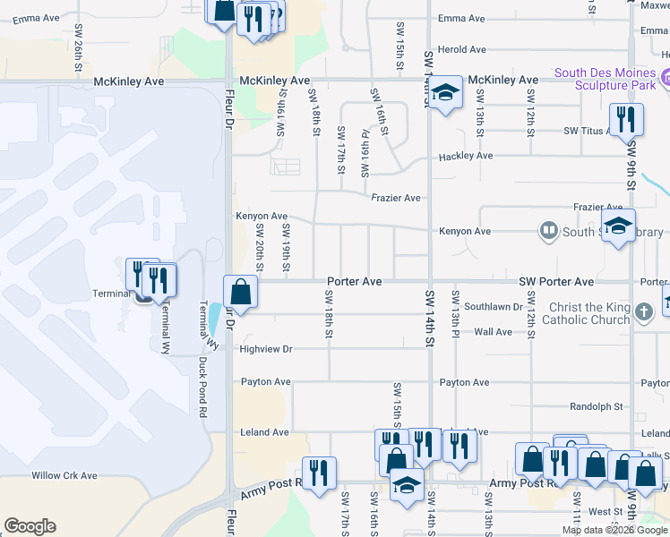 map of restaurants, bars, coffee shops, grocery stores, and more near 5426 Southwest 17th Street in Des Moines