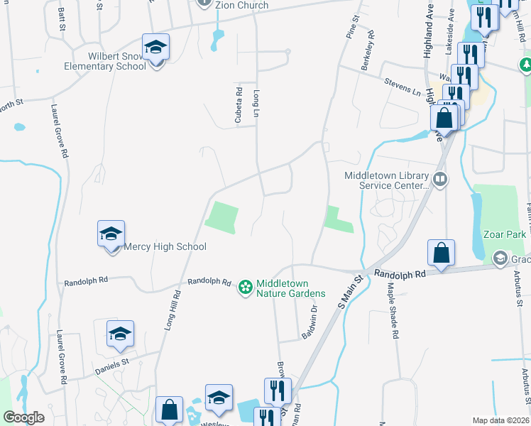 map of restaurants, bars, coffee shops, grocery stores, and more near 72 Coles Road in Middletown