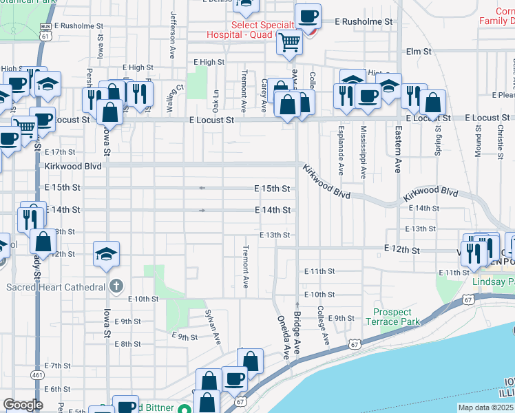 map of restaurants, bars, coffee shops, grocery stores, and more near 1028 East 14th Street in Davenport