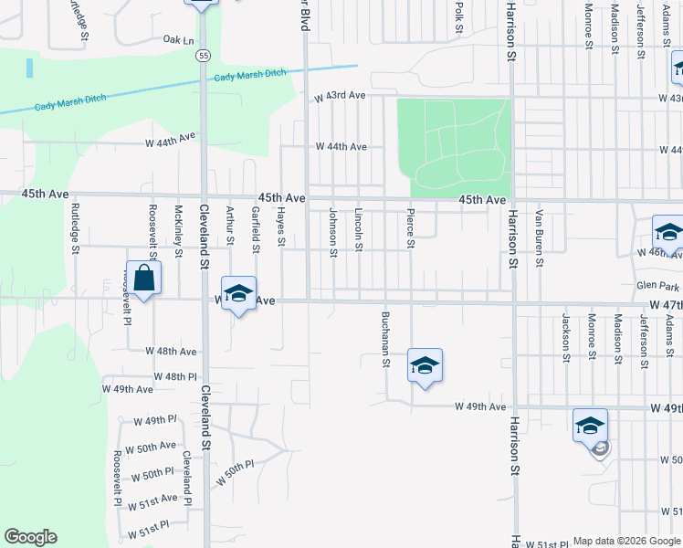 map of restaurants, bars, coffee shops, grocery stores, and more near 1424 West 47th Avenue in Gary
