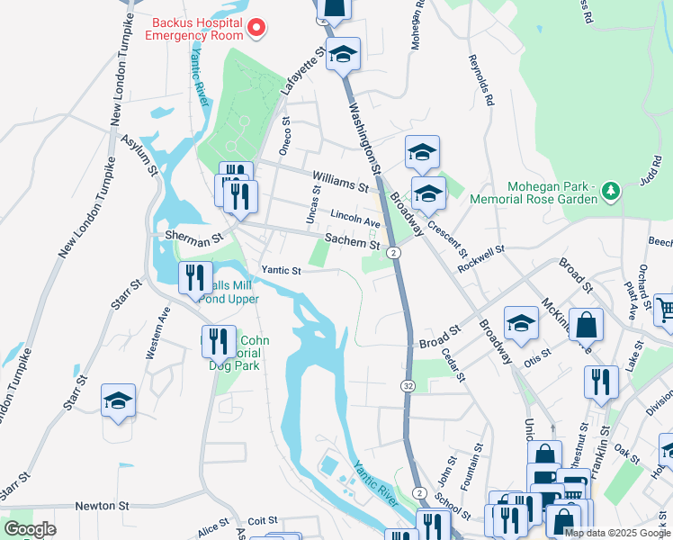 map of restaurants, bars, coffee shops, grocery stores, and more near 214 Yantic Street in Norwich