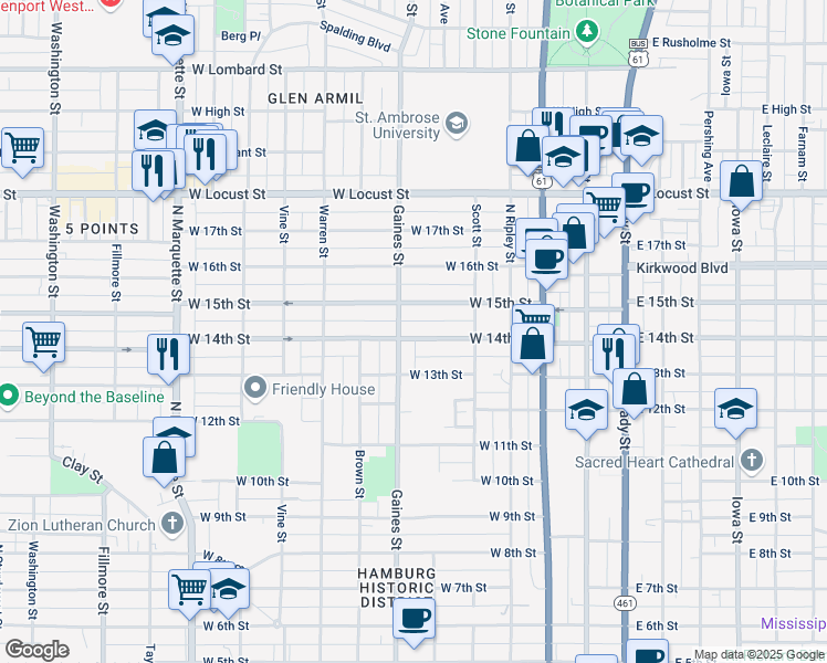 map of restaurants, bars, coffee shops, grocery stores, and more near 620 West 14th Street in Davenport