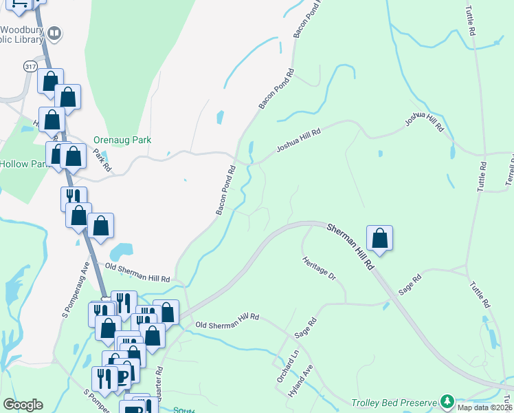 map of restaurants, bars, coffee shops, grocery stores, and more near 217 Bacon Pond Road in Woodbury