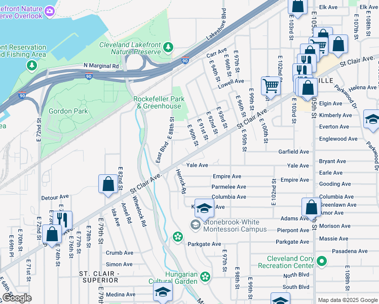 map of restaurants, bars, coffee shops, grocery stores, and more near 779 East 90th Street in Cleveland