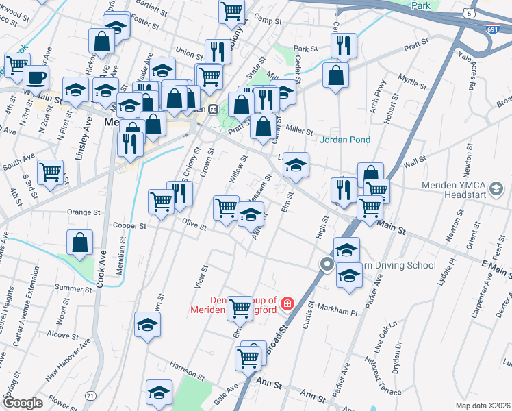map of restaurants, bars, coffee shops, grocery stores, and more near 68 Pleasant Street in Meriden