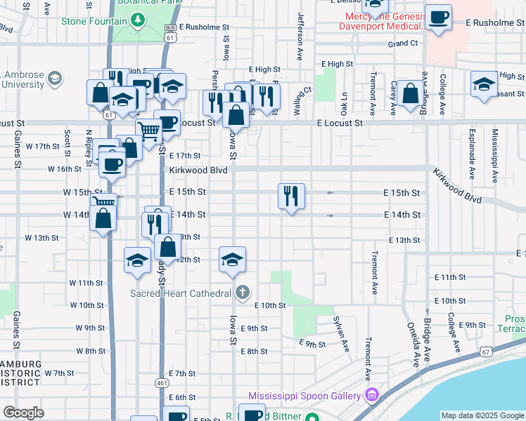 map of restaurants, bars, coffee shops, grocery stores, and more near 1405 Leclaire Street in Davenport