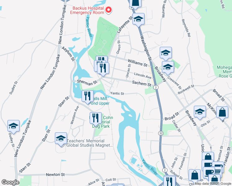 map of restaurants, bars, coffee shops, grocery stores, and more near 205 Yantic Street in Norwich