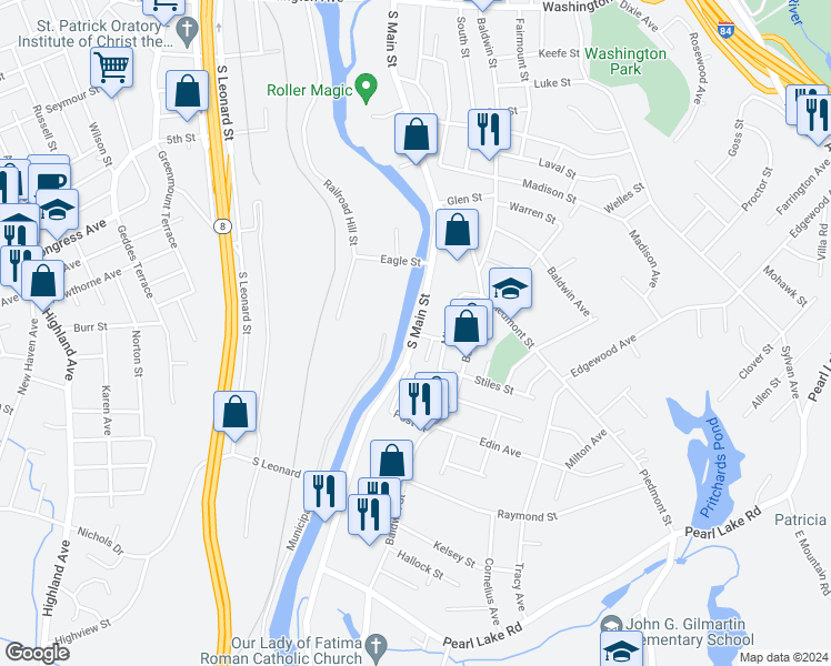 map of restaurants, bars, coffee shops, grocery stores, and more near 1610 South Main Street in Waterbury