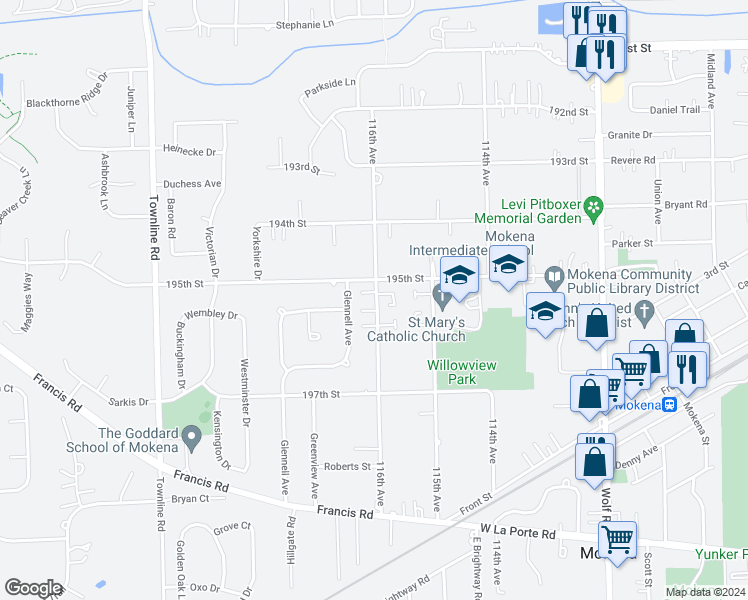 map of restaurants, bars, coffee shops, grocery stores, and more near 19522 116th Avenue in Mokena