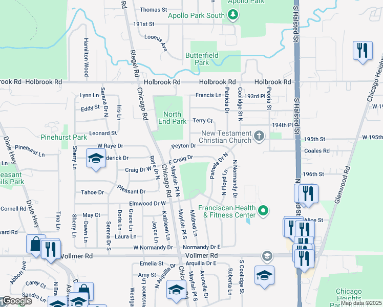 map of restaurants, bars, coffee shops, grocery stores, and more near 55 East Craig Drive in Chicago Heights