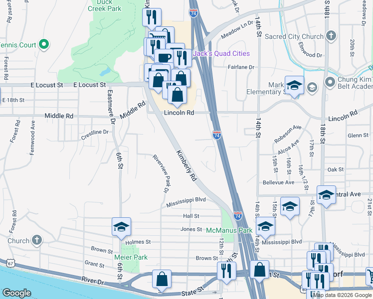 map of restaurants, bars, coffee shops, grocery stores, and more near 1201 Kimberly Road in Bettendorf