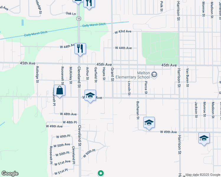 map of restaurants, bars, coffee shops, grocery stores, and more near 4640 Grant Street in Gary