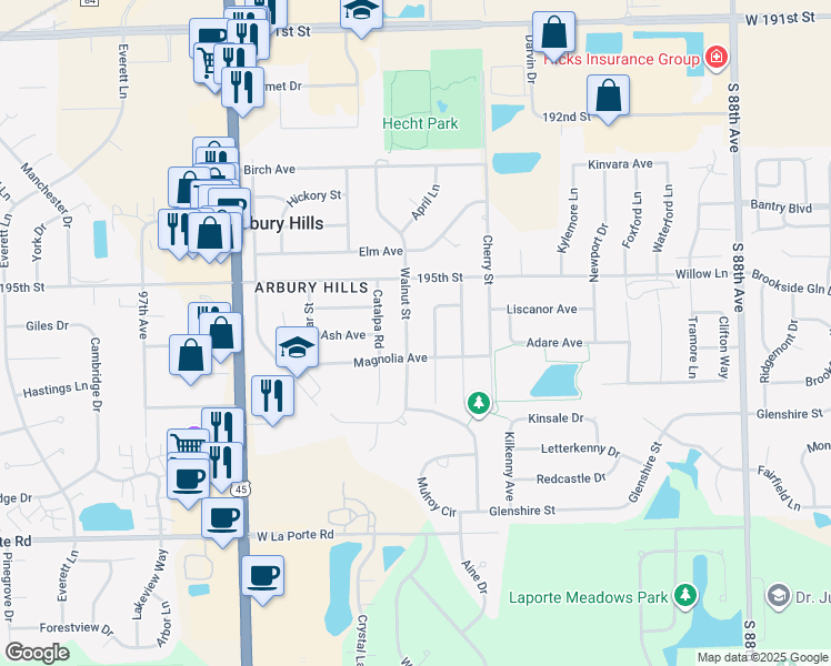 map of restaurants, bars, coffee shops, grocery stores, and more near 19539 Walnut Street in Mokena
