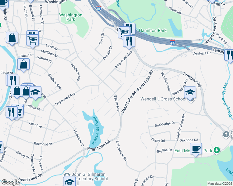 map of restaurants, bars, coffee shops, grocery stores, and more near 194 Clover Street in Waterbury