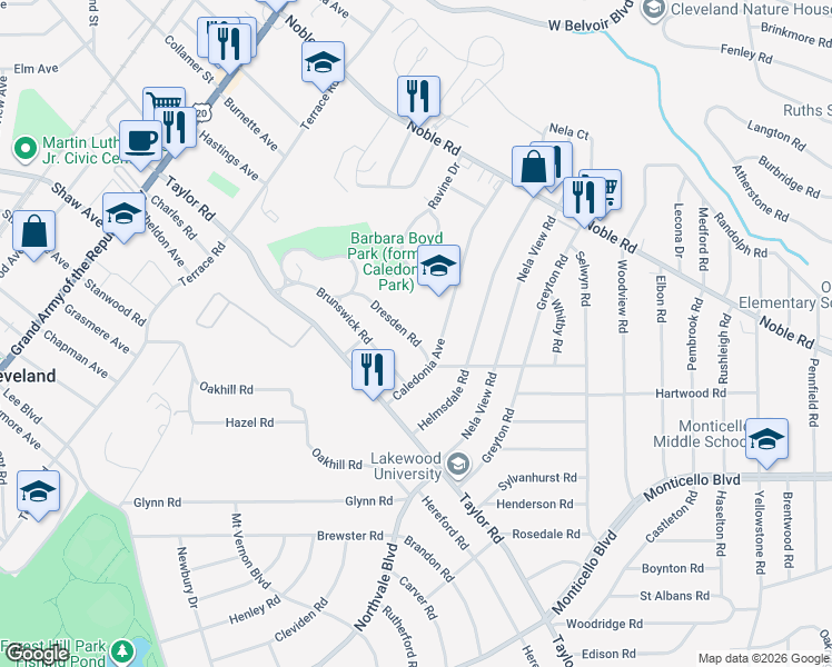 map of restaurants, bars, coffee shops, grocery stores, and more near 914 Caledonia Avenue in Cleveland Heights