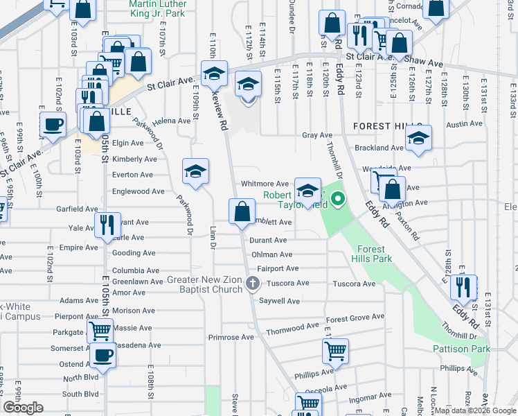 map of restaurants, bars, coffee shops, grocery stores, and more near 11317 Hopkins Avenue in Cleveland