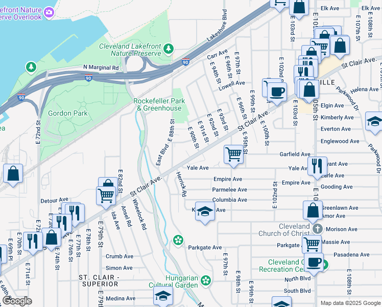 map of restaurants, bars, coffee shops, grocery stores, and more near 779 East 90th Street in Cleveland