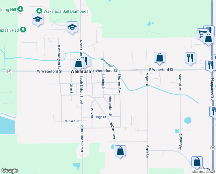 map of restaurants, bars, coffee shops, grocery stores, and more near 108 South Spring Street in Wakarusa
