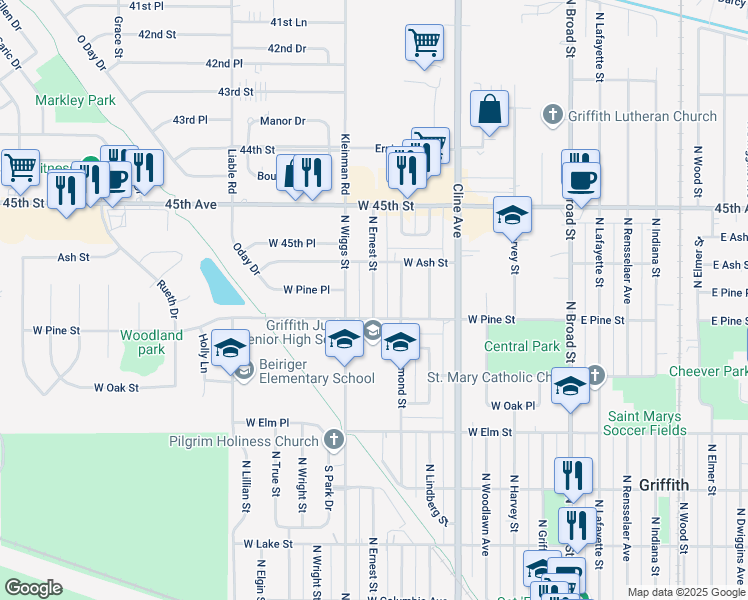 map of restaurants, bars, coffee shops, grocery stores, and more near 734 North Ernest Street in Griffith