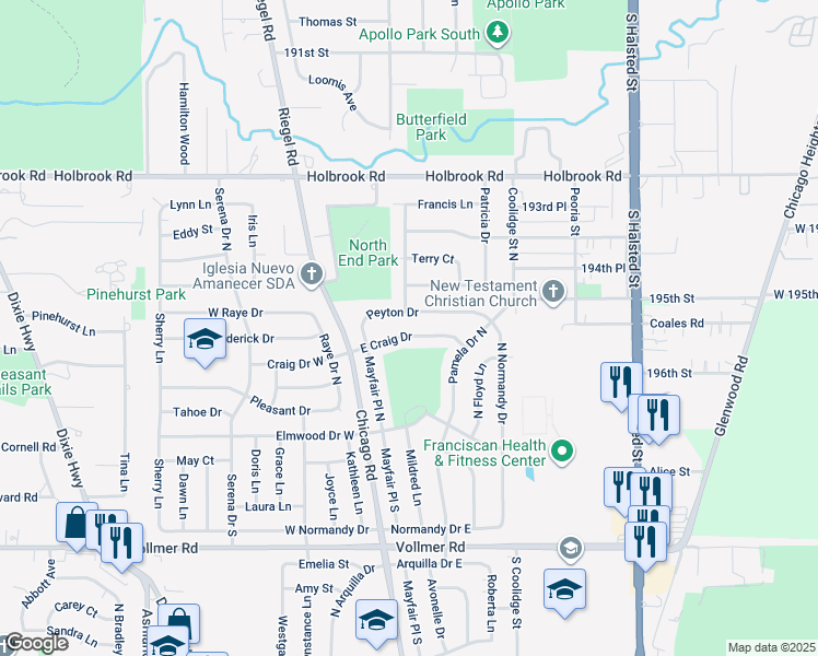 map of restaurants, bars, coffee shops, grocery stores, and more near 47 Peyton Drive in Chicago Heights