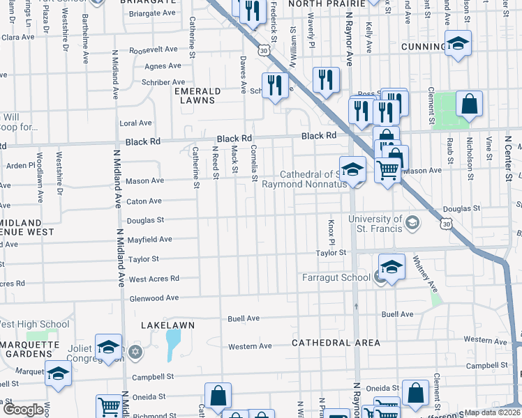 map of restaurants, bars, coffee shops, grocery stores, and more near 614 Cornelia Street in Joliet