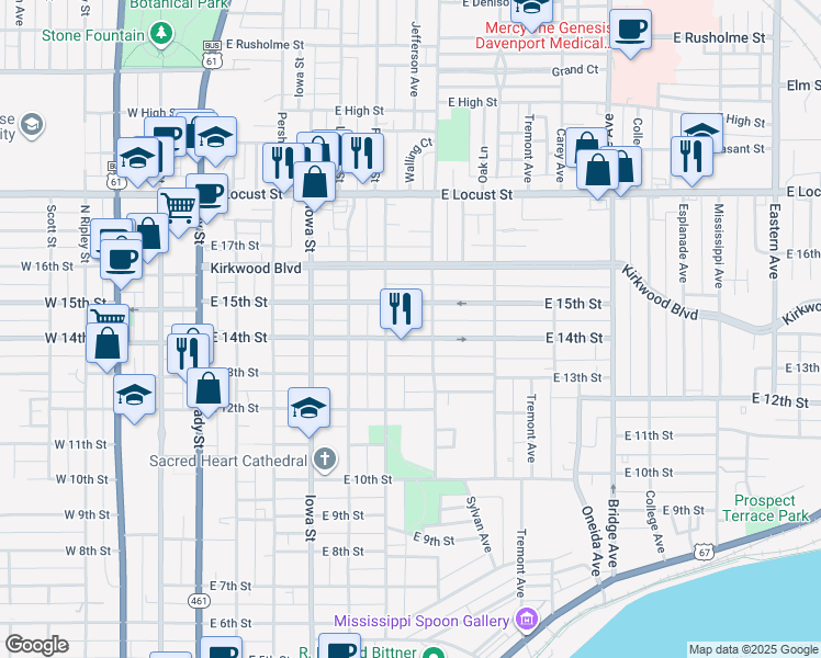 map of restaurants, bars, coffee shops, grocery stores, and more near 631 East 15th Street in Davenport