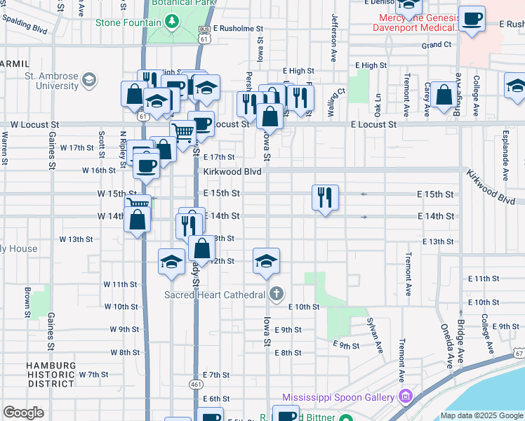 map of restaurants, bars, coffee shops, grocery stores, and more near 323 East 15th Street in Davenport