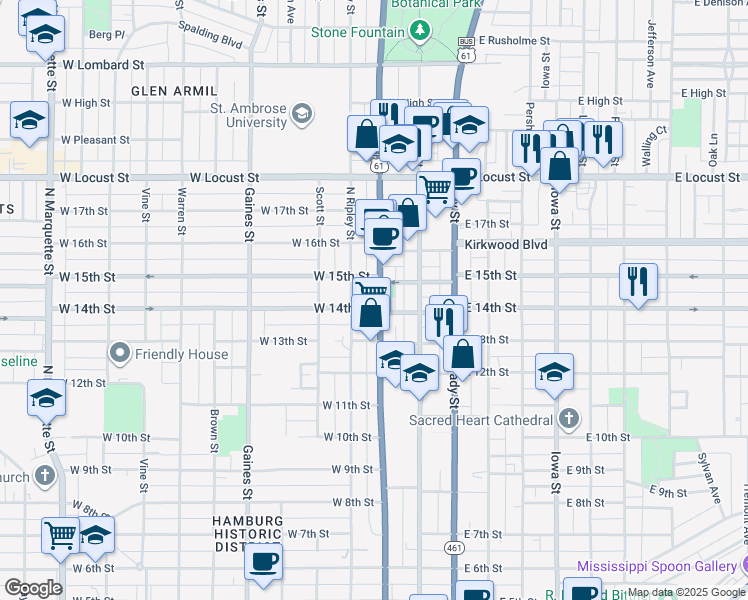 map of restaurants, bars, coffee shops, grocery stores, and more near 1420 North Harrison Street in Davenport