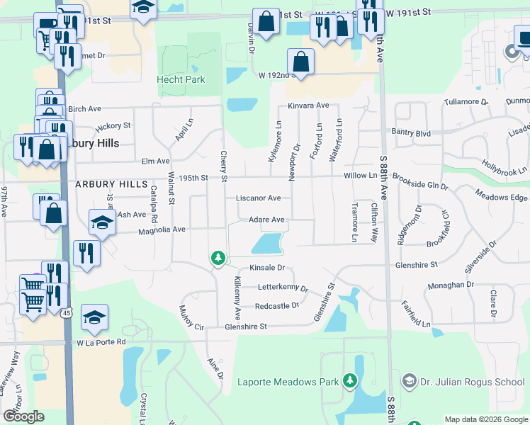 map of restaurants, bars, coffee shops, grocery stores, and more near 9056 Liscanor Avenue in Mokena