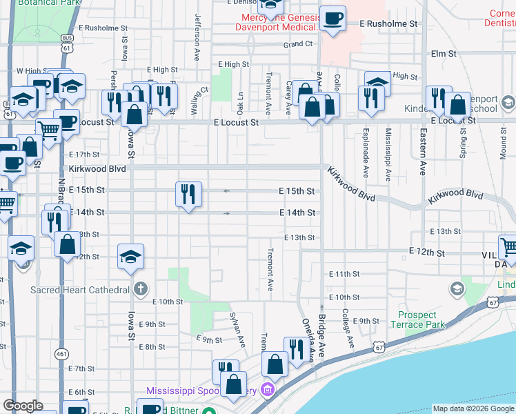 map of restaurants, bars, coffee shops, grocery stores, and more near 903 East 15th Street in Davenport