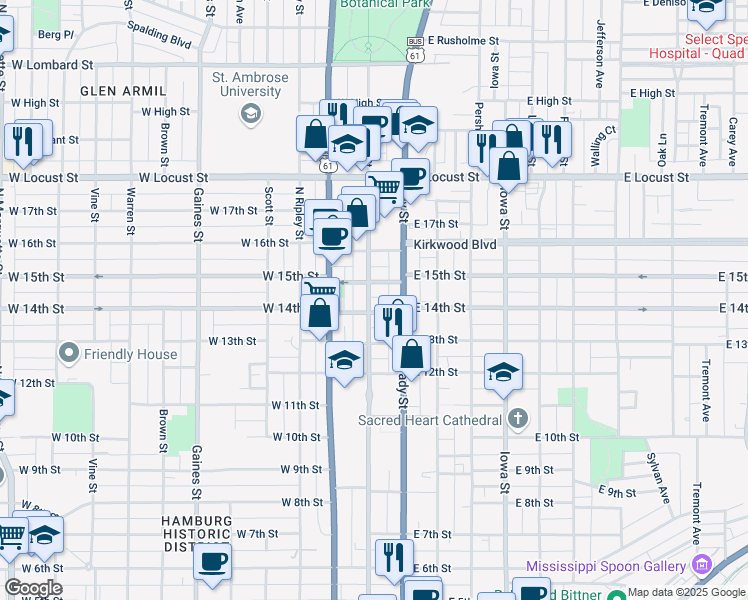 map of restaurants, bars, coffee shops, grocery stores, and more near 1415 North Main Street in Davenport