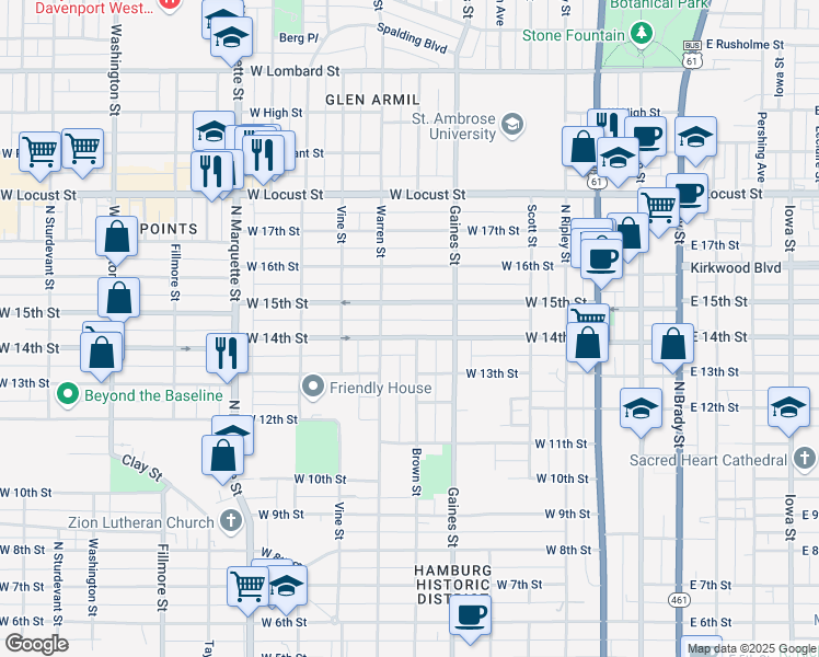 map of restaurants, bars, coffee shops, grocery stores, and more near 817 West 15th Street in Davenport