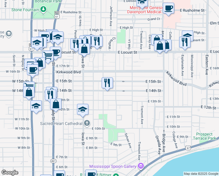 map of restaurants, bars, coffee shops, grocery stores, and more near 631 East 15th Street in Davenport